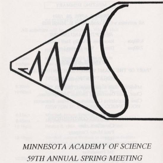 Cover of the MN Academy of Science Spring Meeting Brochure from 1991, with stylized and regular font text in black on a white background