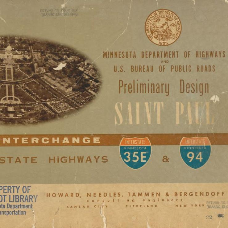 Cover of a booklet containing preliminary interstate highway 35E and 94 designs showing an image of the Minnesota Capitol area in St. Paul alongside the text