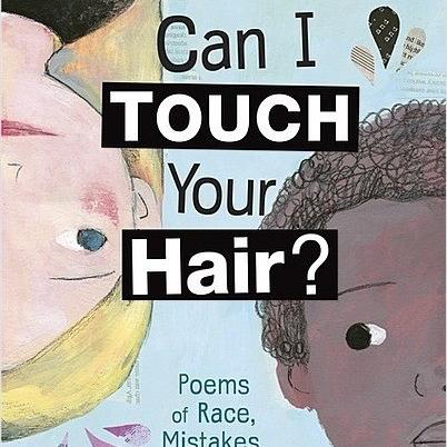 Book cover for Can I touch your hair showing a blonde girl and an African American boy.