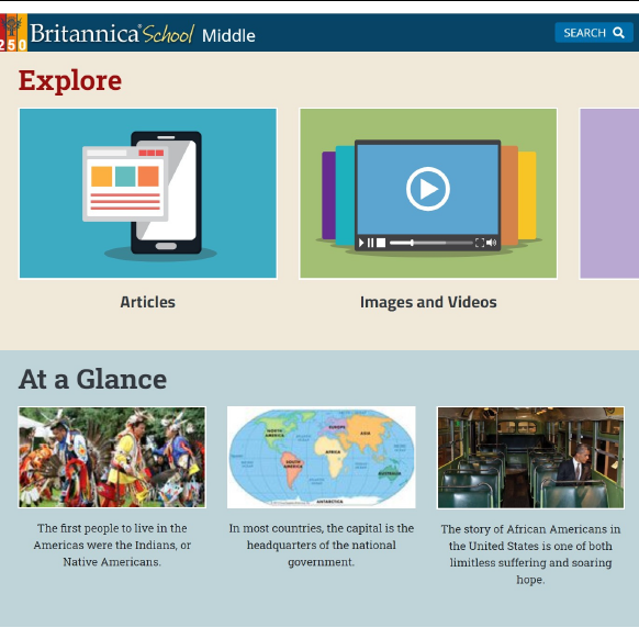 Britannica School database interface with options for browsing and searching the database.