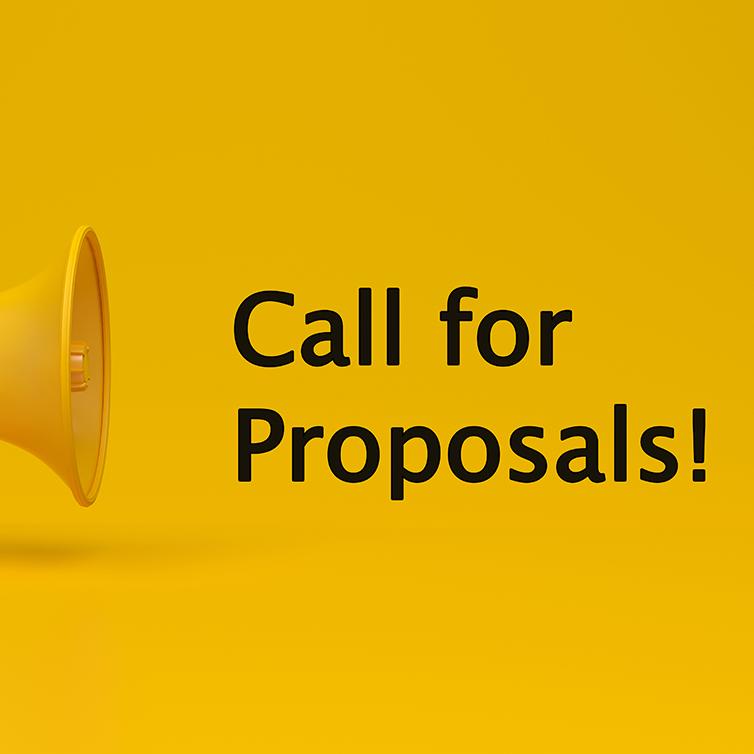 Call for Proposals text on a yellow background with a yellow bull horn