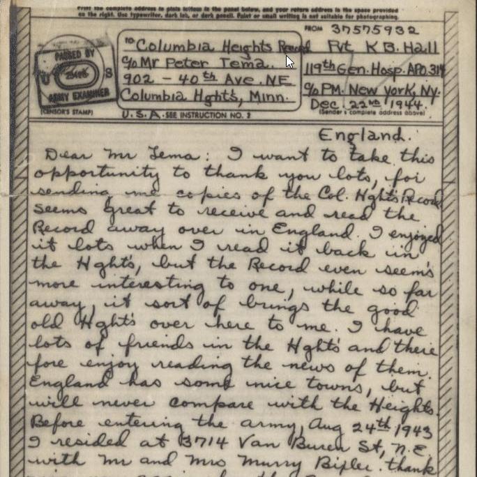 V-Mail Letter to Peter Tema, dated December 22, 1944 from Private Kenneth B. Hall, London, England