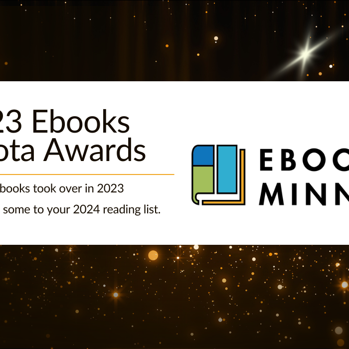 A graphic promoting the "The 2023 Ebooks Minnesota Awards" with the Ebooks Minnesota logo and a black backdrop with golden accents.