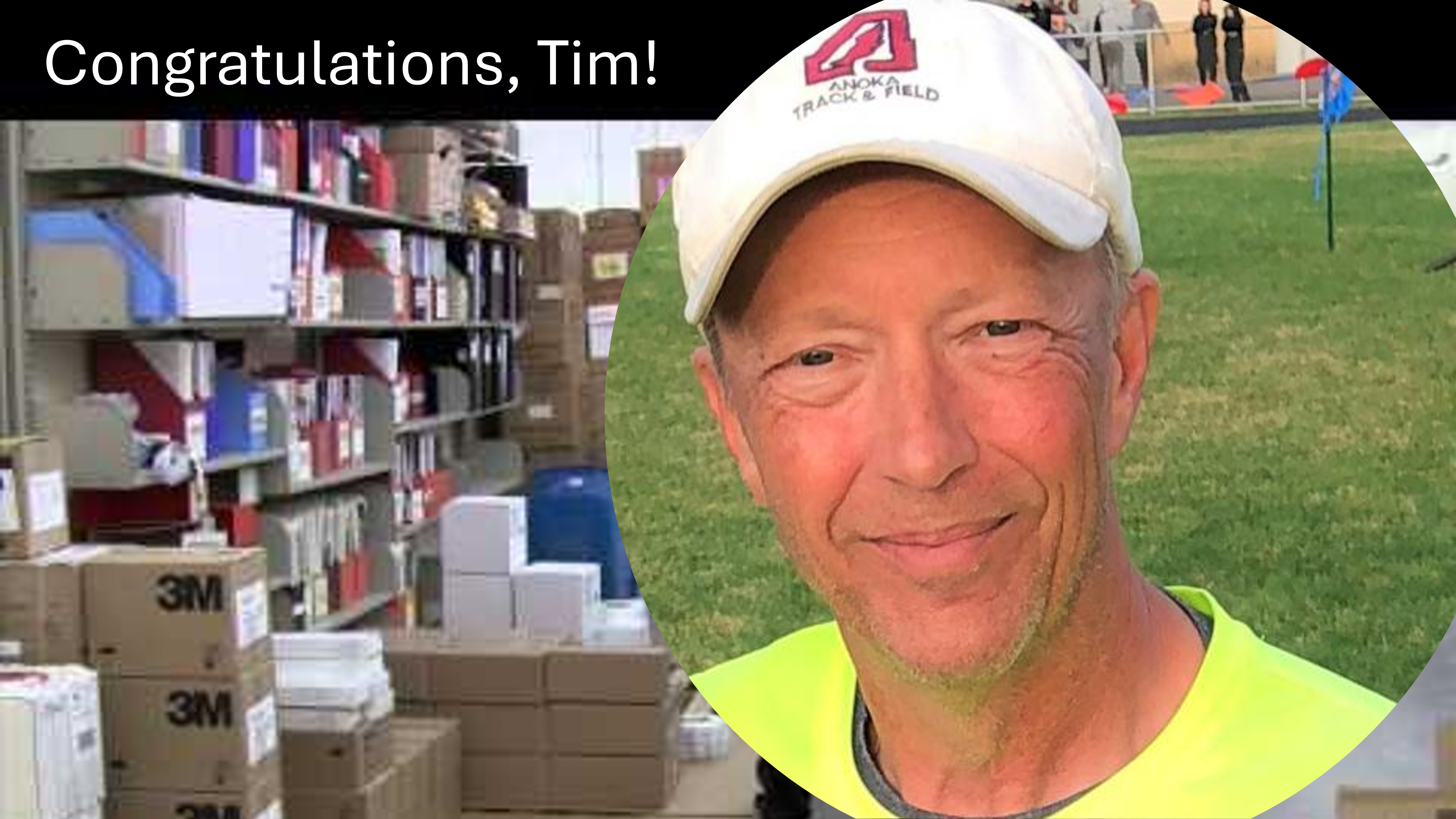 Image of Minitex staff member Tim Peters superimposed over a shelf of library products, with text reading "Congratulations, Tim!"